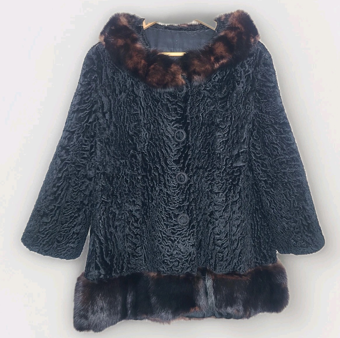 Vtg 1950s/60s Curly Persian Real Fur Lamb Mink Collar And Hem Swing Coat Black