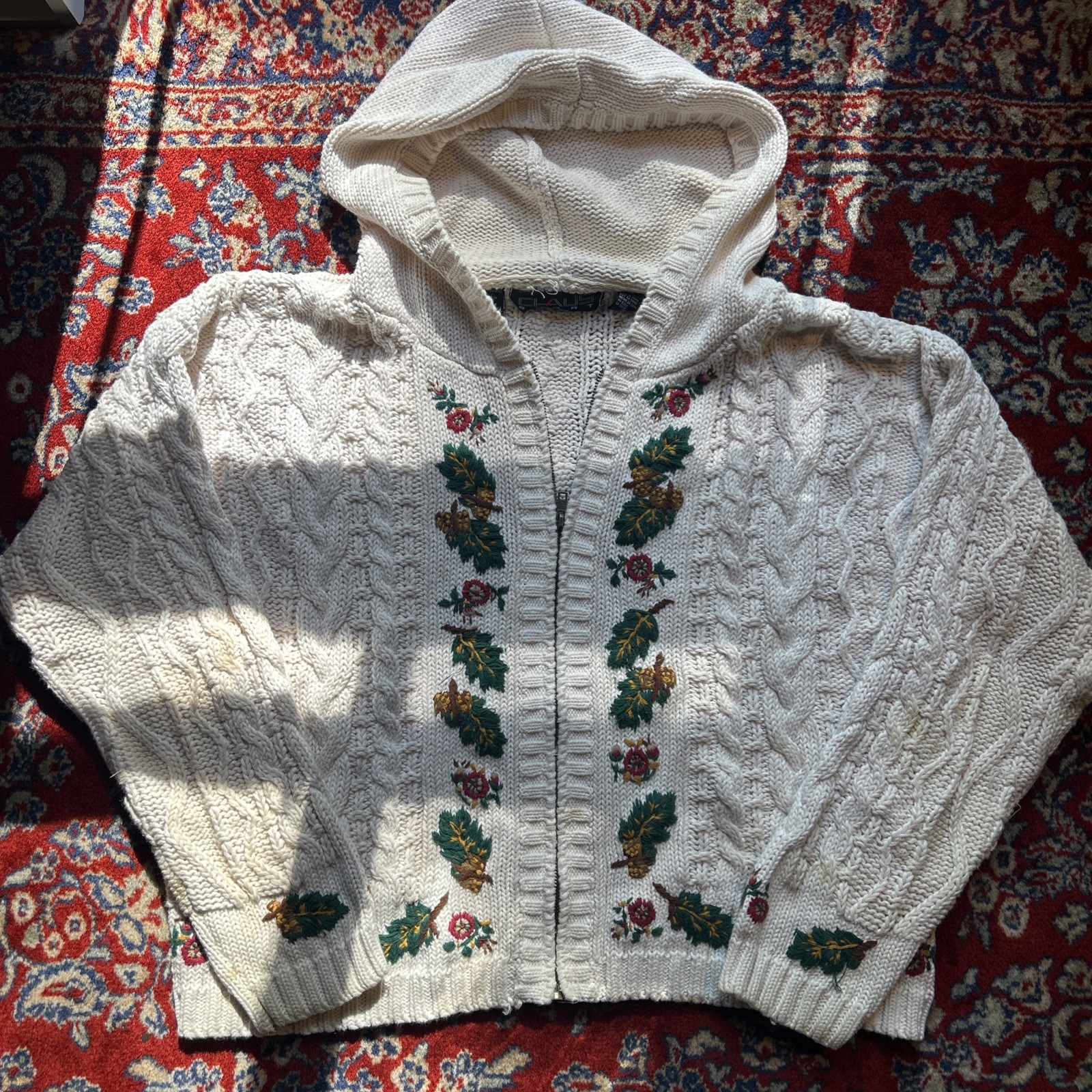 Vintage Womens Chaus Sport Chunky Floral 3d Sweater Cardigan Zip Size Medium