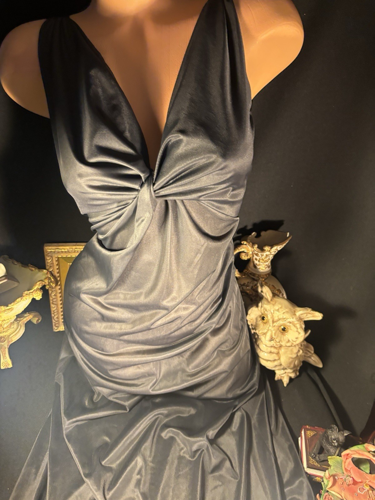 Vtg Silky Jet Black Wrap Bodice Frosted Shiny Long Gown Negligee Nightgown S