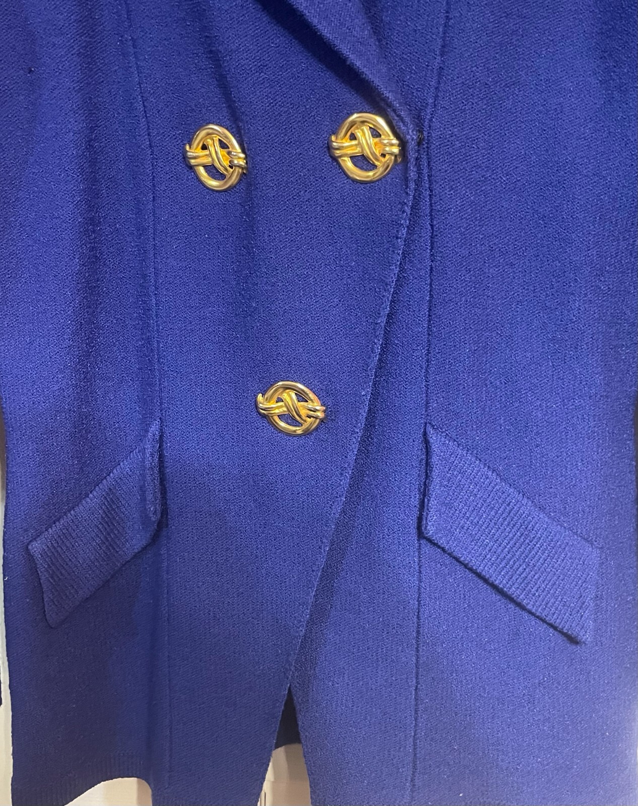 Vtg Blue STEVE FABRIKANT Santana Knit Wool Blend GOLD BUTTONS 2pc SKIRT SUIT PM!