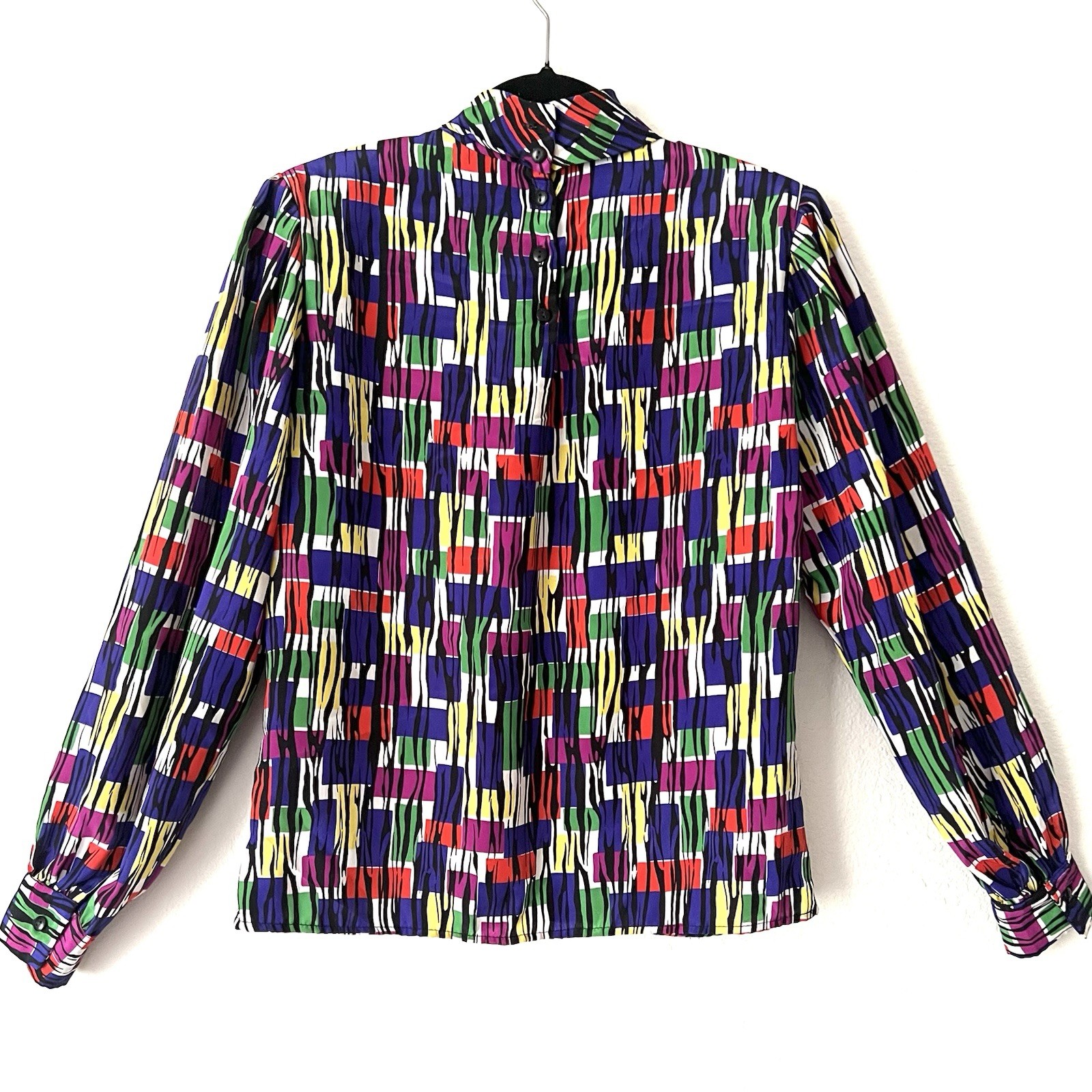 VTG 80s Anna Kriste Blouse Sz M/L High Neck Artsy Abstract Shoulder Pad USA Made