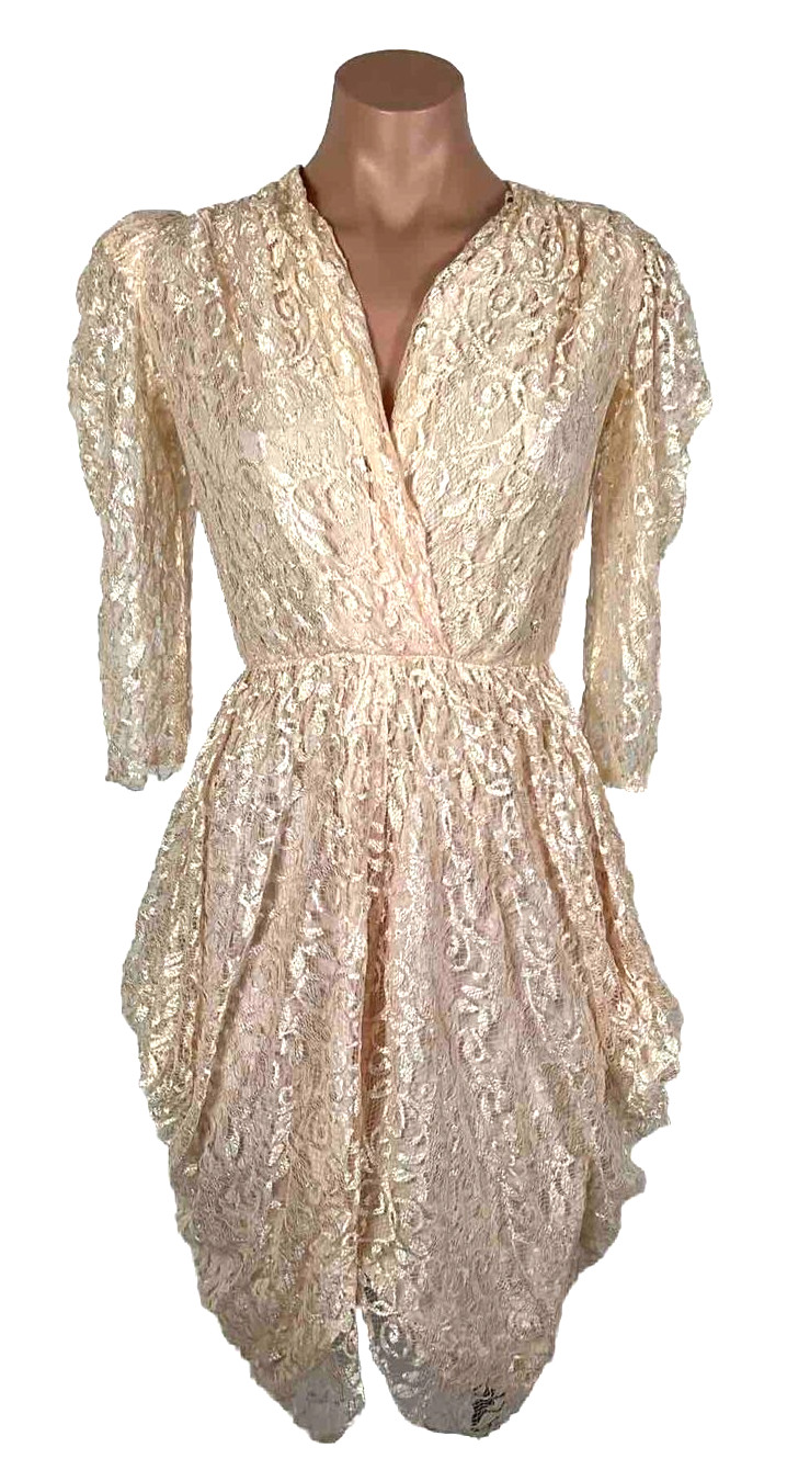 Vintage 80s Tulip Hem Peach Lace Dress Puffy Sleeve Party Prom Cocktail S/M
