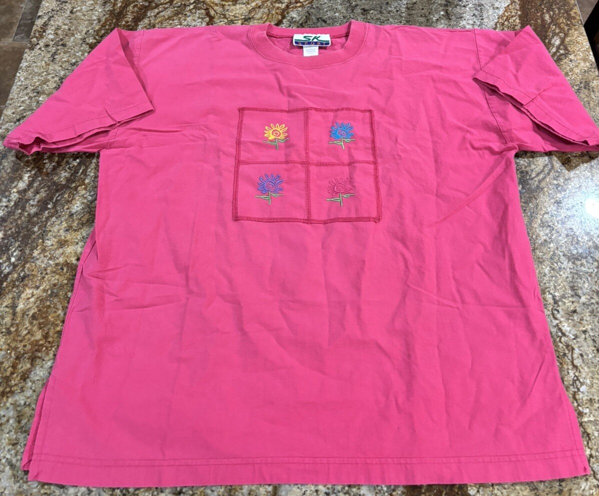 Vintage SK Sport Hot Pink Embroidered Floral Women’s Top 80s 90s Size L USA