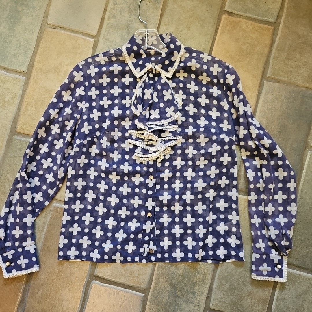 Vtg 30s/40s Gorgeous Sheer Blue & White Long Sleeve Blouse Top w Bib Ruffle M