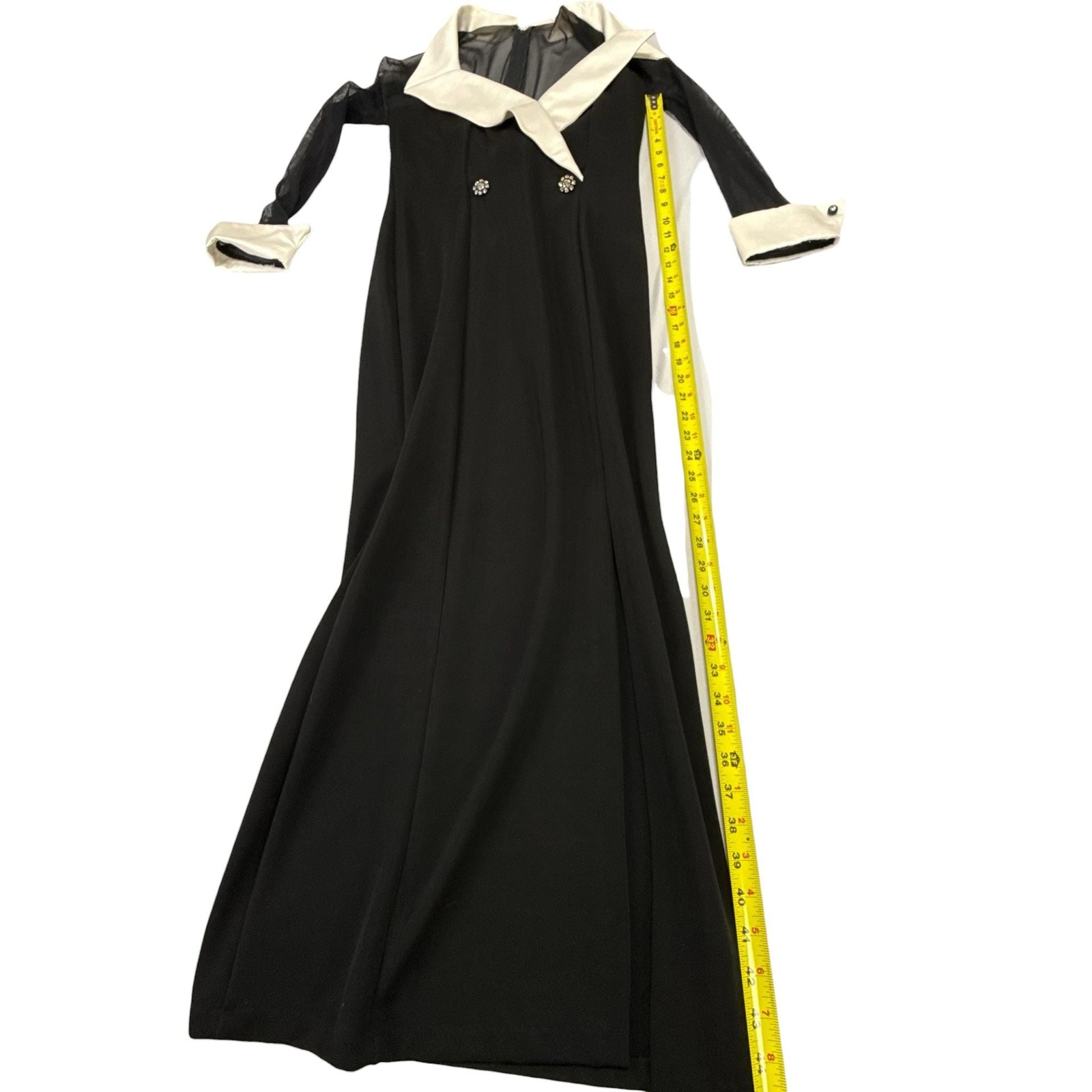 Vintage Tuxedo Style Formal Maxi Dress with Sheer Sleeves and Contrast Lapels