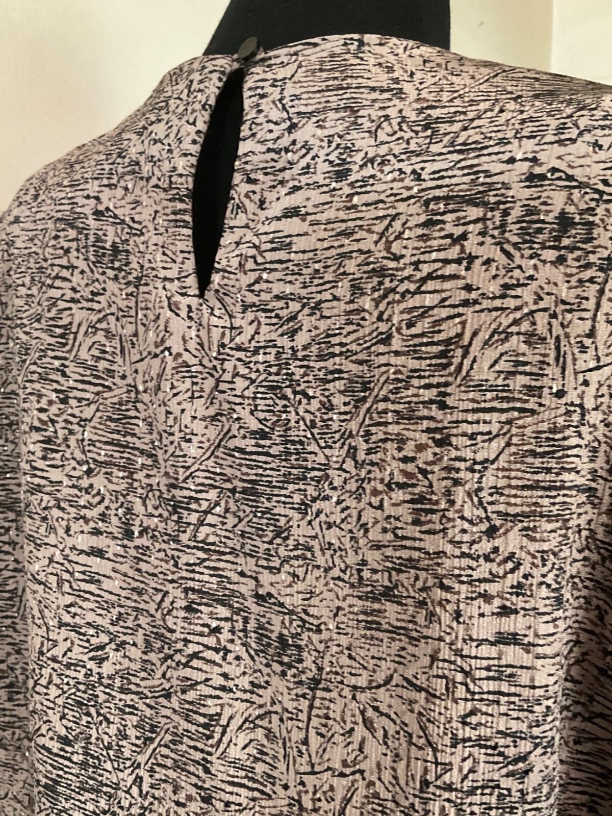 Vintage 1980s Black Patterned Dress with Lace Collar & Cuff-Large-Lorac Original