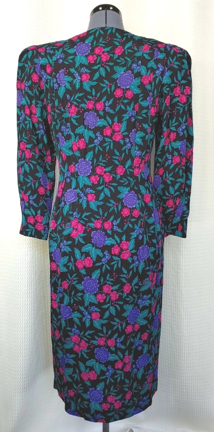 Vintage Andrew Harvey Fitted Black Dress with Pink/Purple/Teal Florals Size 8
