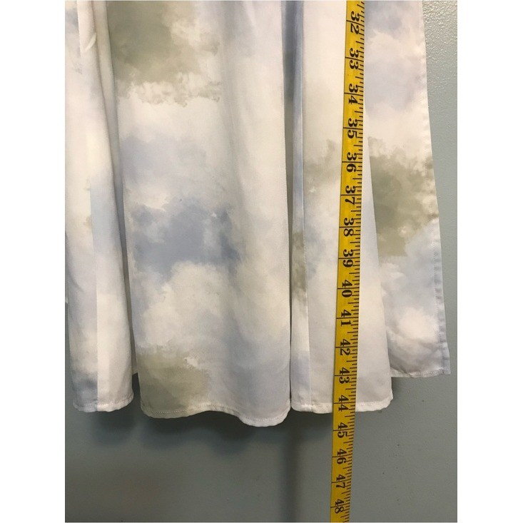 Petite Studio Pastel Blue Olive Tie-Dye V-Neck Midi Dress Puff Sleeve Sz S