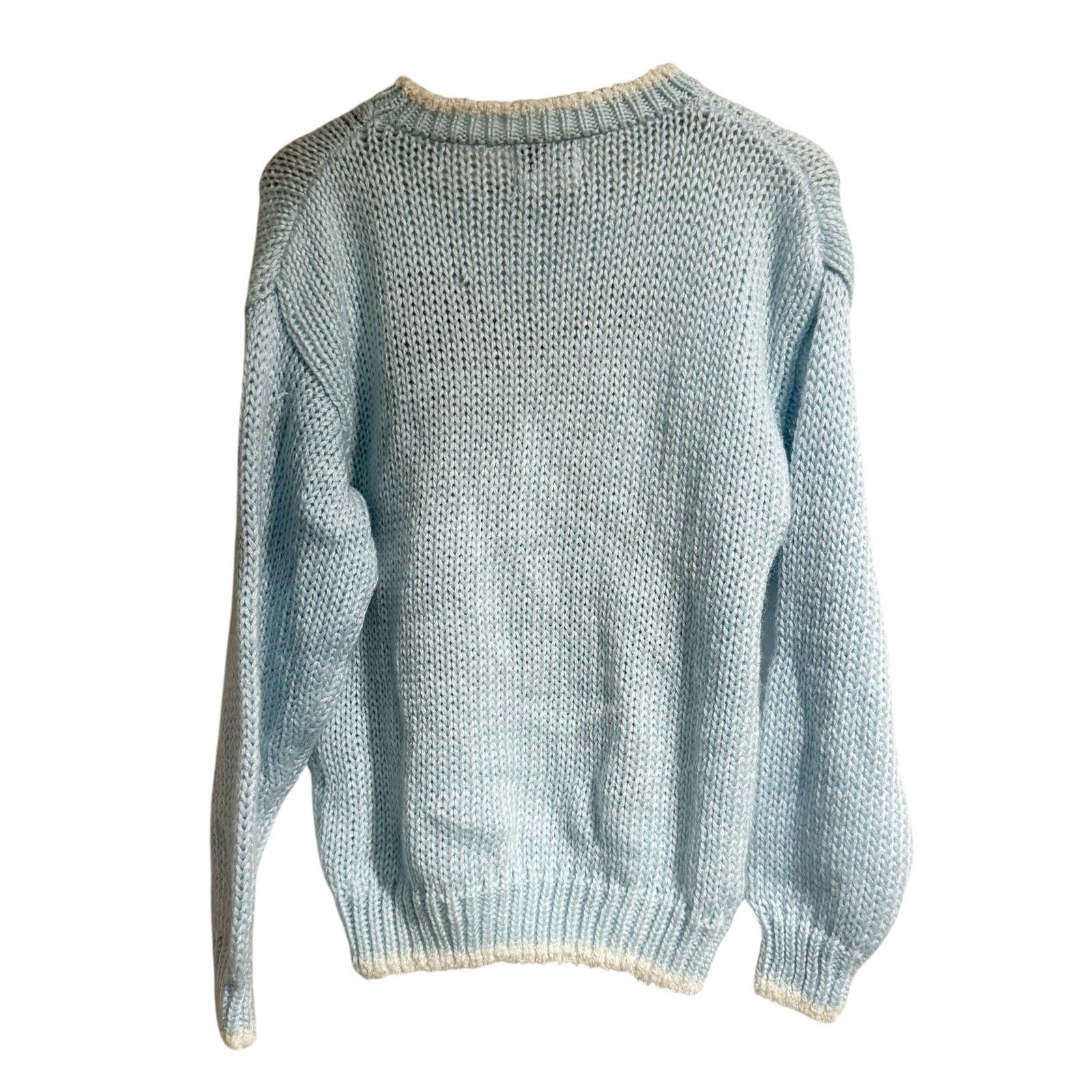 Color Cues Women Medium Hand Knit Sweater Korea 3D Teddy Bear Pastel Baby Blue