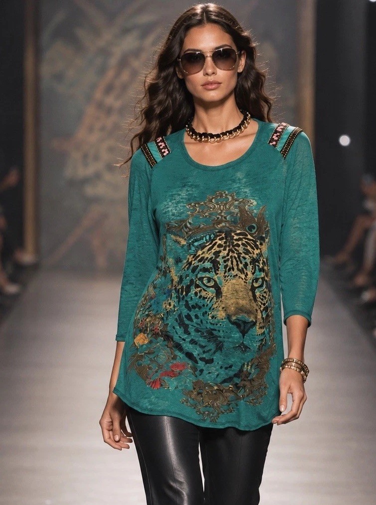 Custo Barcelona Top Vintage Y2K Leopard Print Graphic Cotton Burnout Boho Luxe