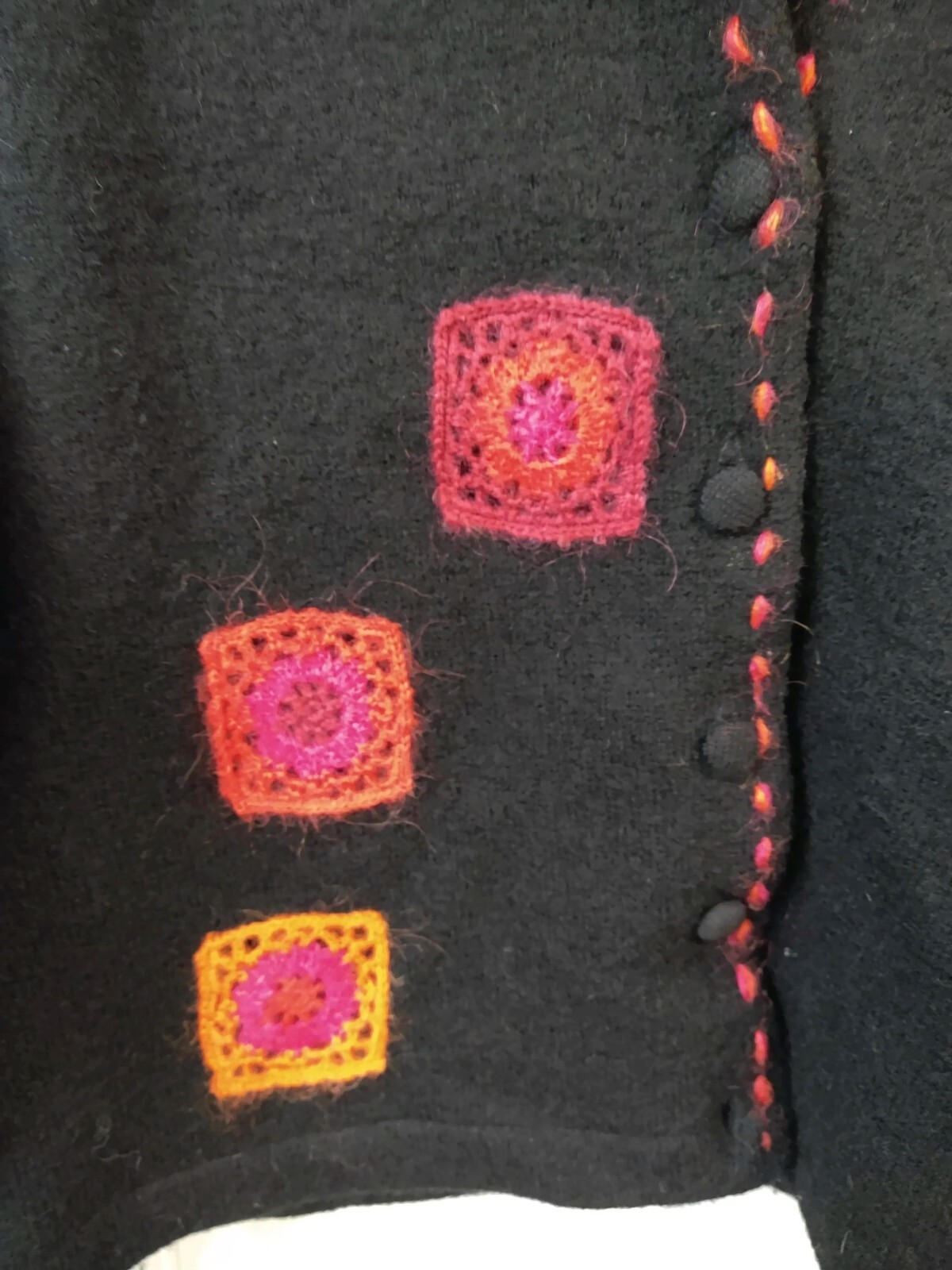 VTG Catherine Stewart WM S Wool Cardigan Black with Crocheted Red Squares Collar