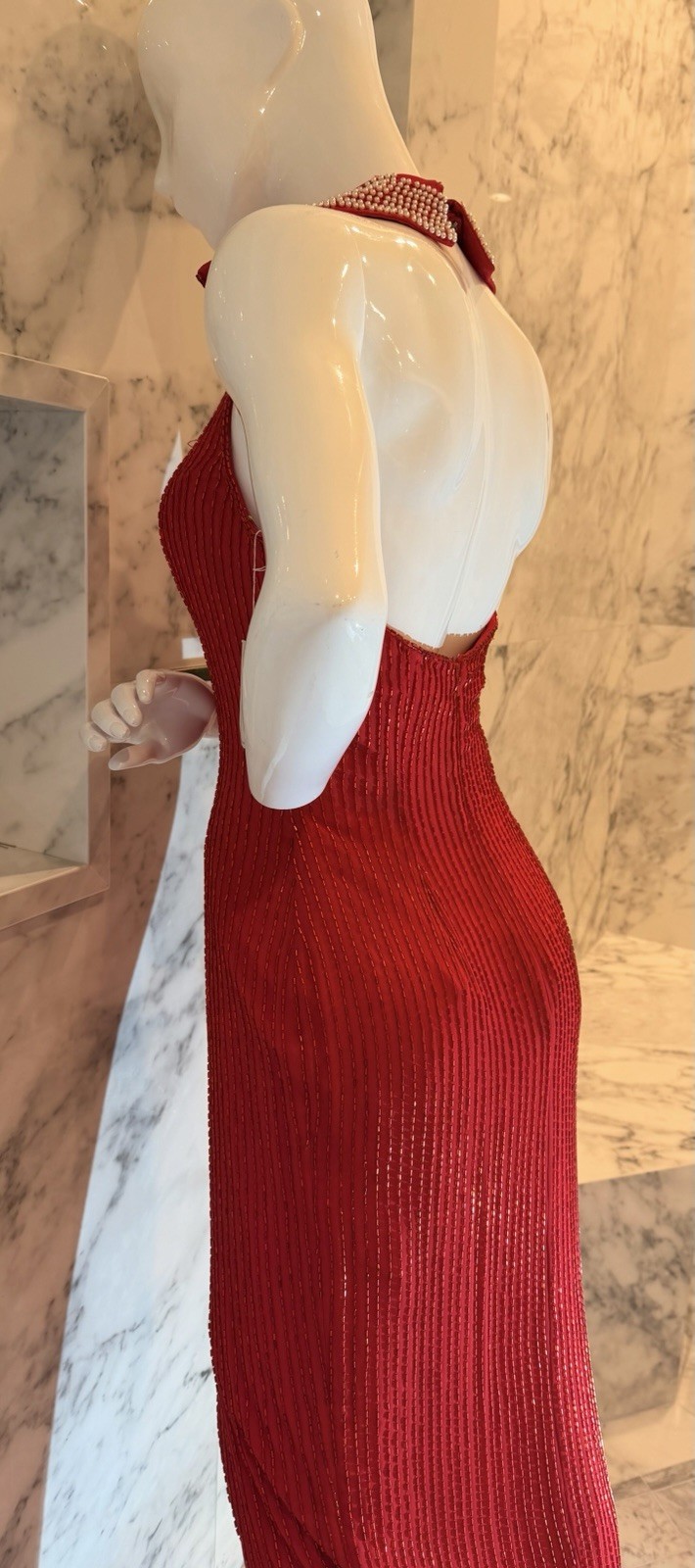 Alyce Designs Red Beaded Vintage Size 6 Pearl Collar Open Back Prom Dress