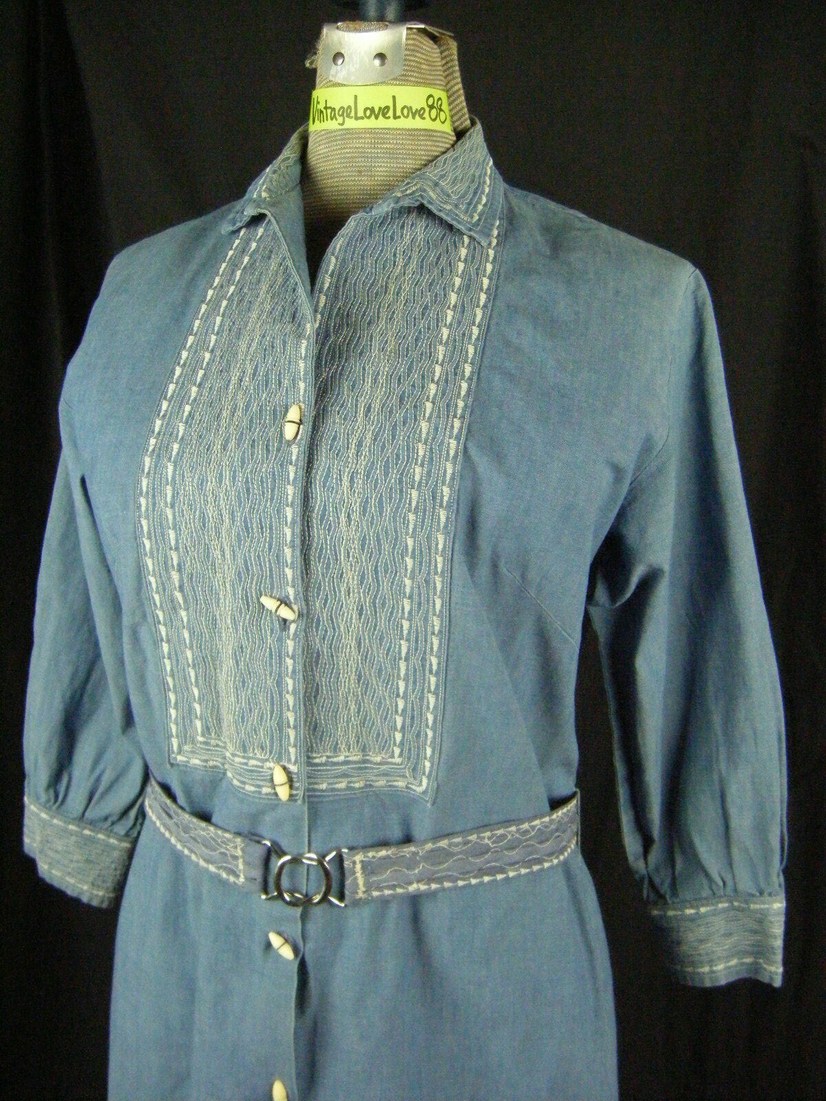 Rare KAY STEPHENS SANTA FE SHIRTS Vtg Blue Denim Southwestern Dress-Bust 39/S-M