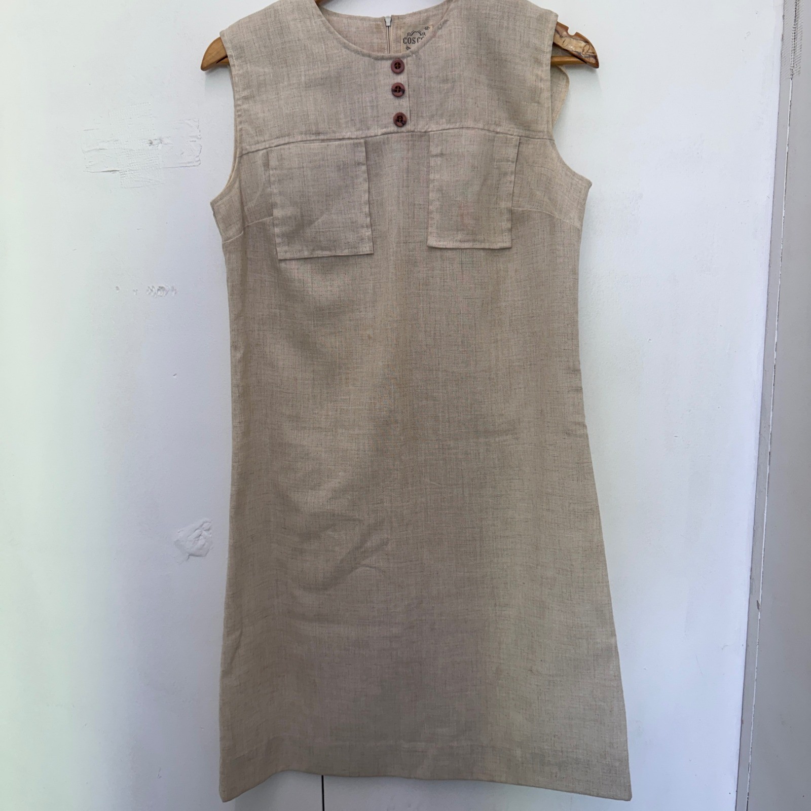 Vintage Cos Cob Womens Beige Sleeveless Shift Dress Mod Button Detail Size 12