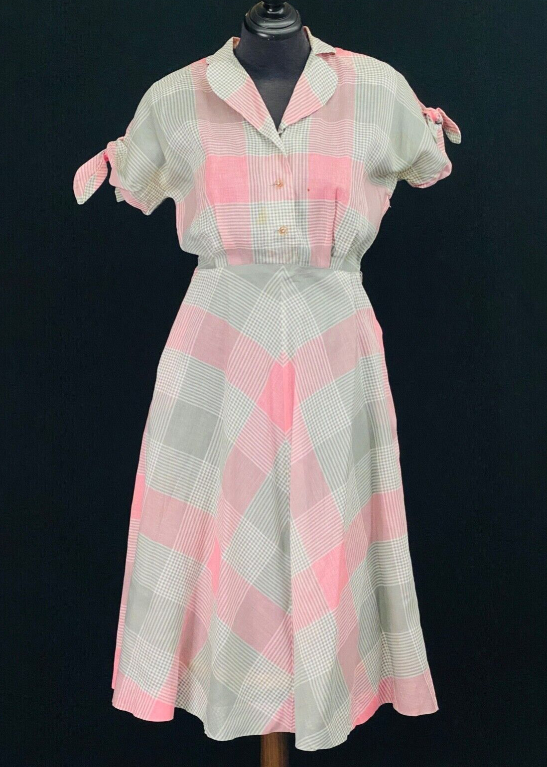 Vintage 1950s pink gray plaid dress cotton sheer short sleeve 1940s XL plus size