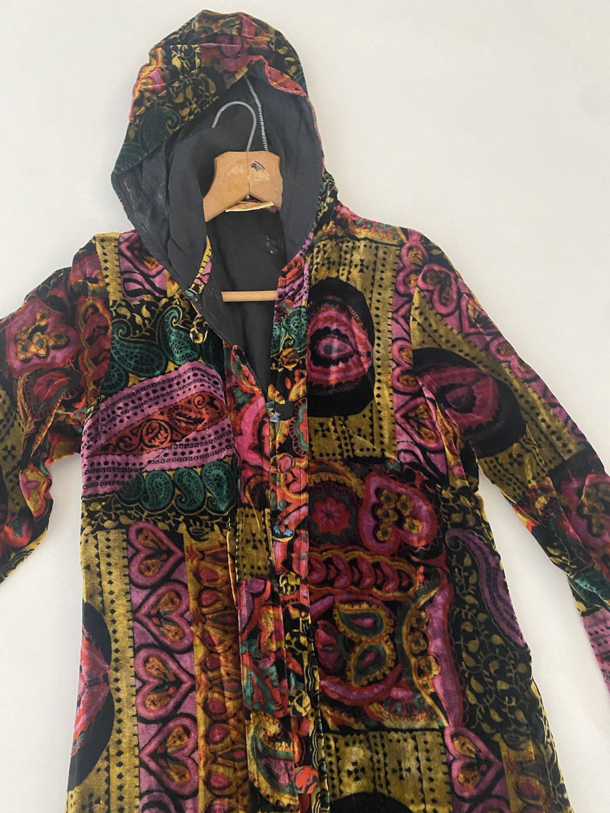 VTG 60s 70’s S VELVET Paisley Hooded VELOUR Robe Whimsigoth Dark Fairy Witch Fal