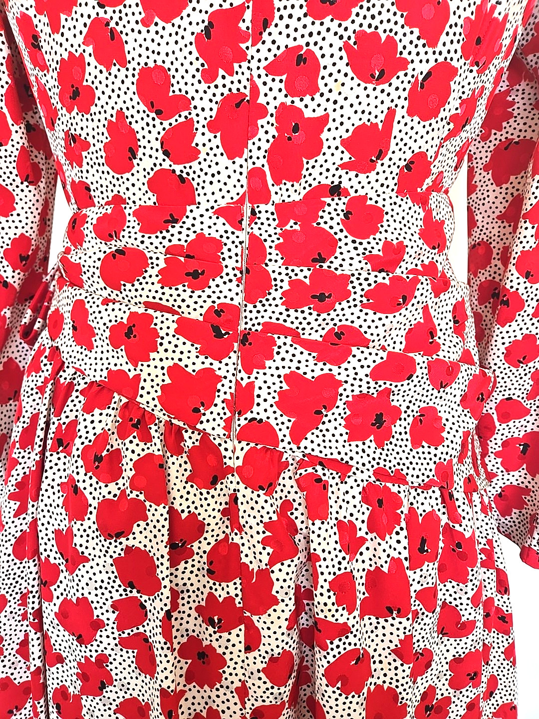 Vintage Hanae Mori Boutique side bow S Midi Dress Red White Black dots Floral