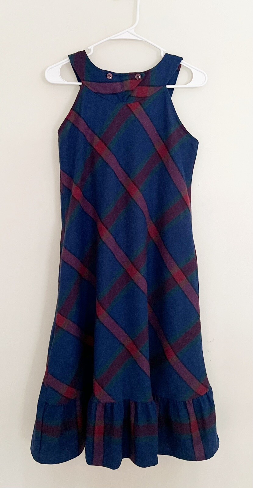 Vtg BETSY’S THINGS Wool Jumper Dress XS Blue Pink Green w/Pockets Academia