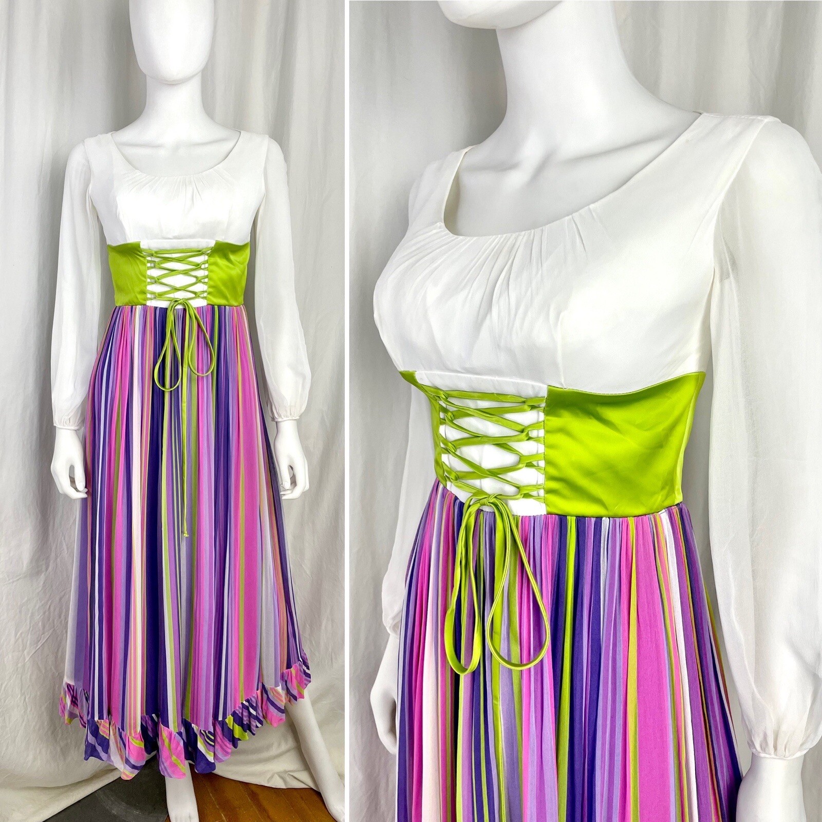 Vintage 60s 70s PSmall white with purple and pink stripes corset waist dress