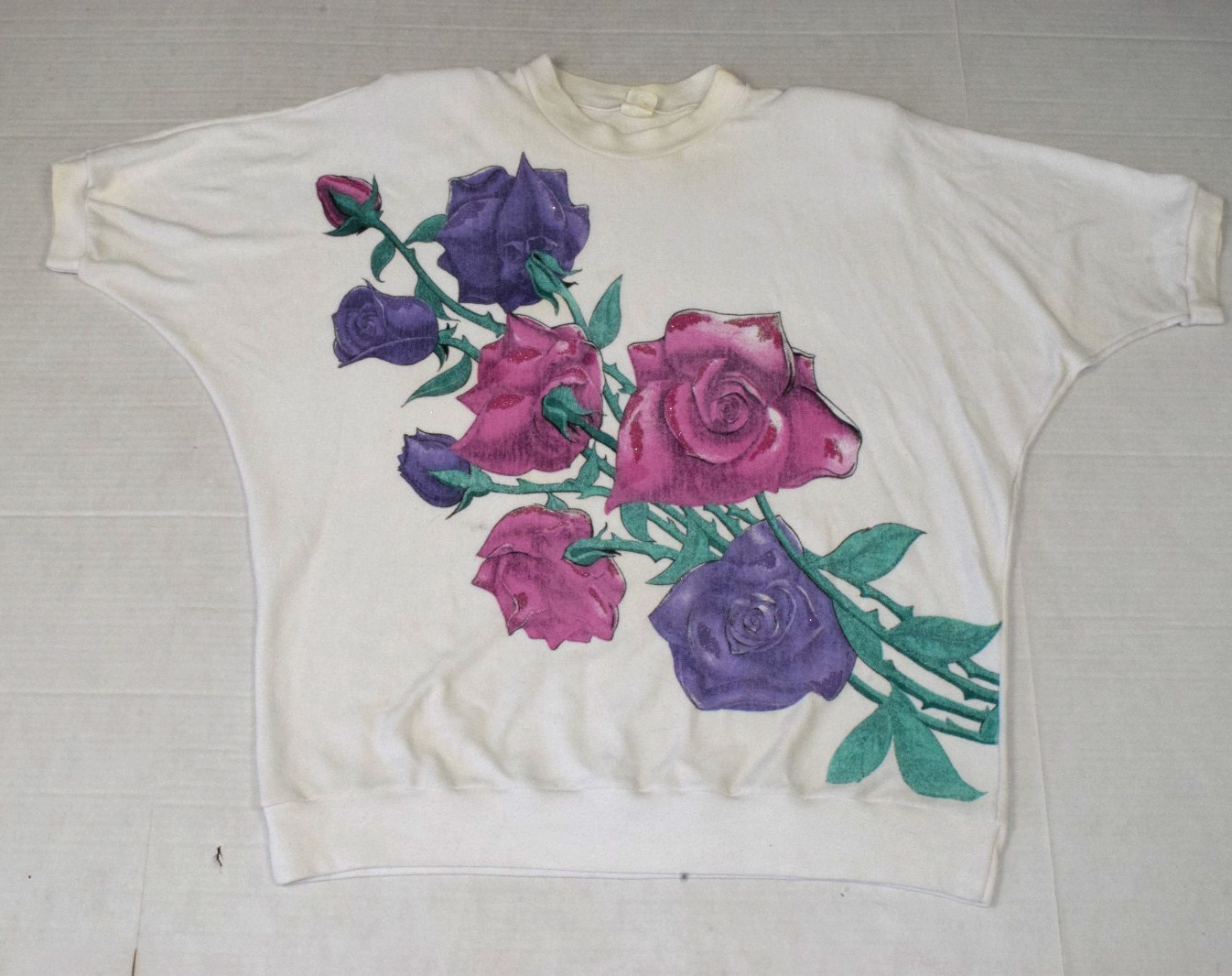Vintage Shirt One Size Fits All 80s Large Glittery Roses Shoulder Pads Made USA