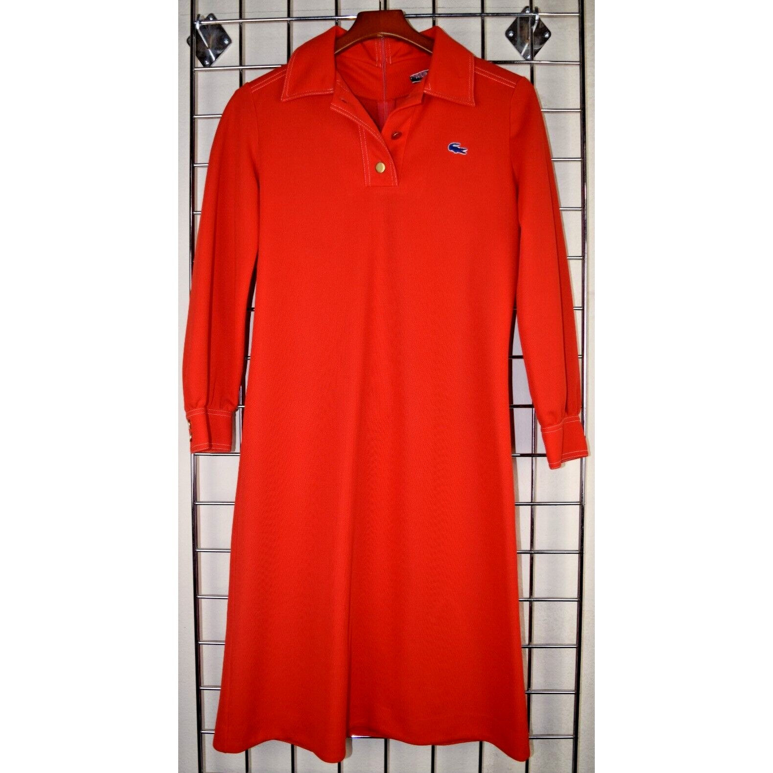 Lacoste Dress VTG Lacoste David Crystal S/M 70s Vibrant Red Orange Brass Buttons