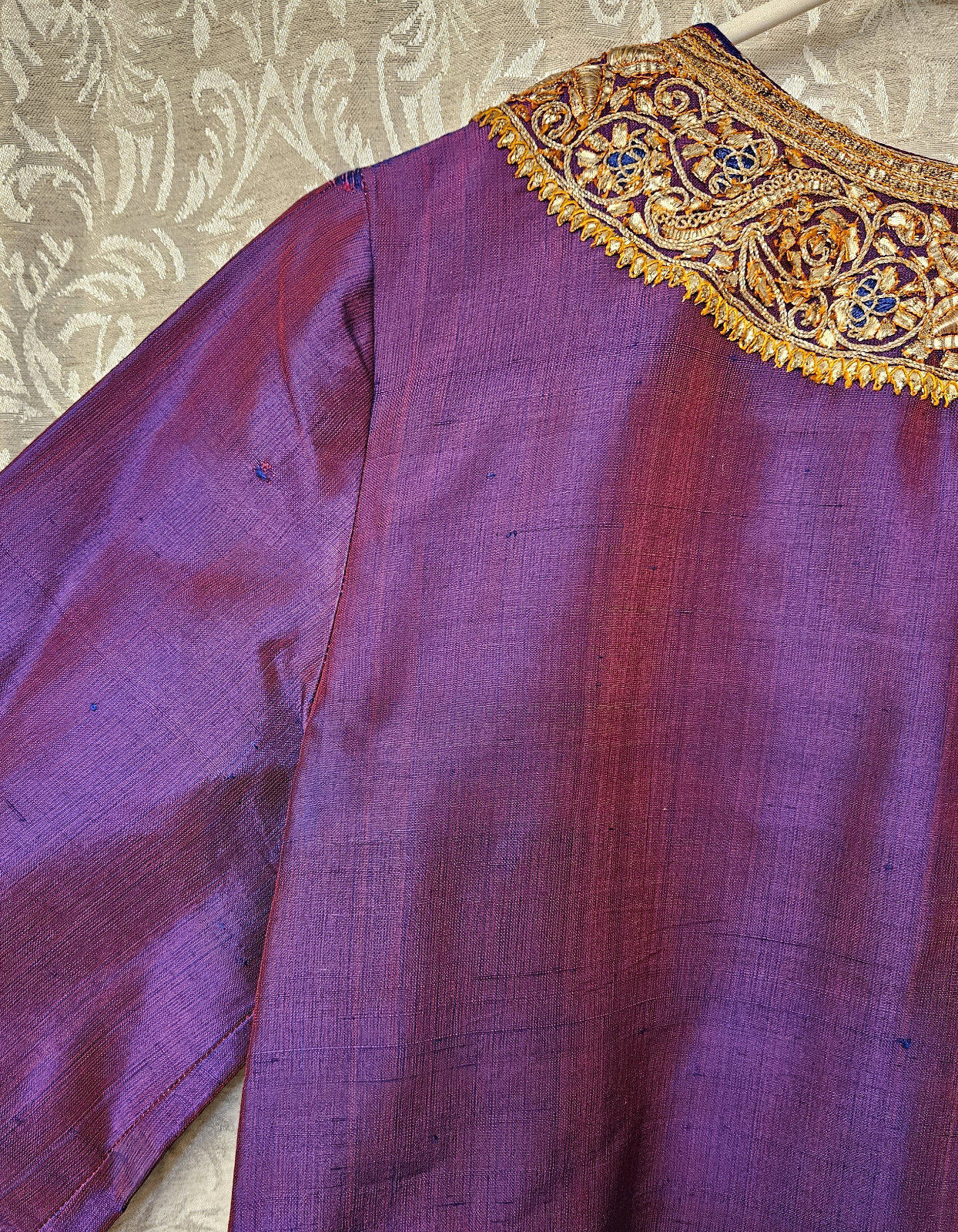 Maharani of India ’60s dupioni silk Jackie O dress thick gold bullion embroidery