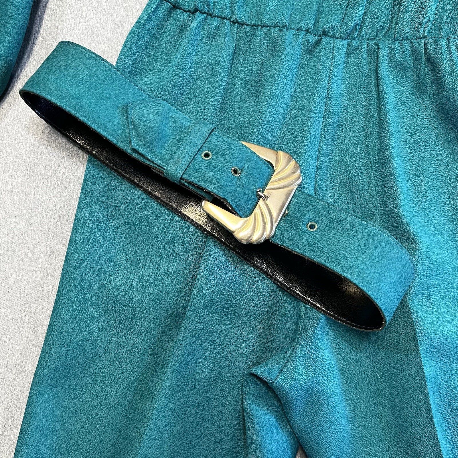 Vintage 80s Teal Power Jumpsuit Belted USA Made Joan Walters Petite 80s tailored
