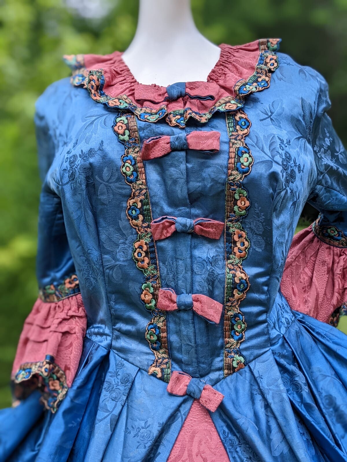 MOST BEAUTIFUL ANTIQUE BLUE SILK POLONAISE COSTUME DRESS IN 18TH C STYLE