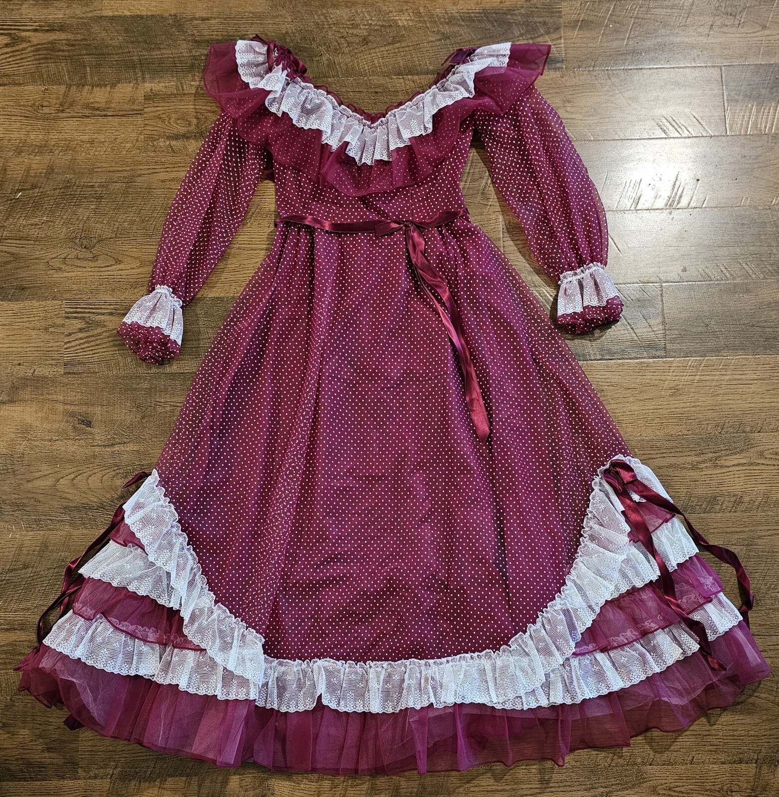 Vintage Women’s Dance Allure Dress Long Sleeve Lace Maroon Burgundy Ruffles