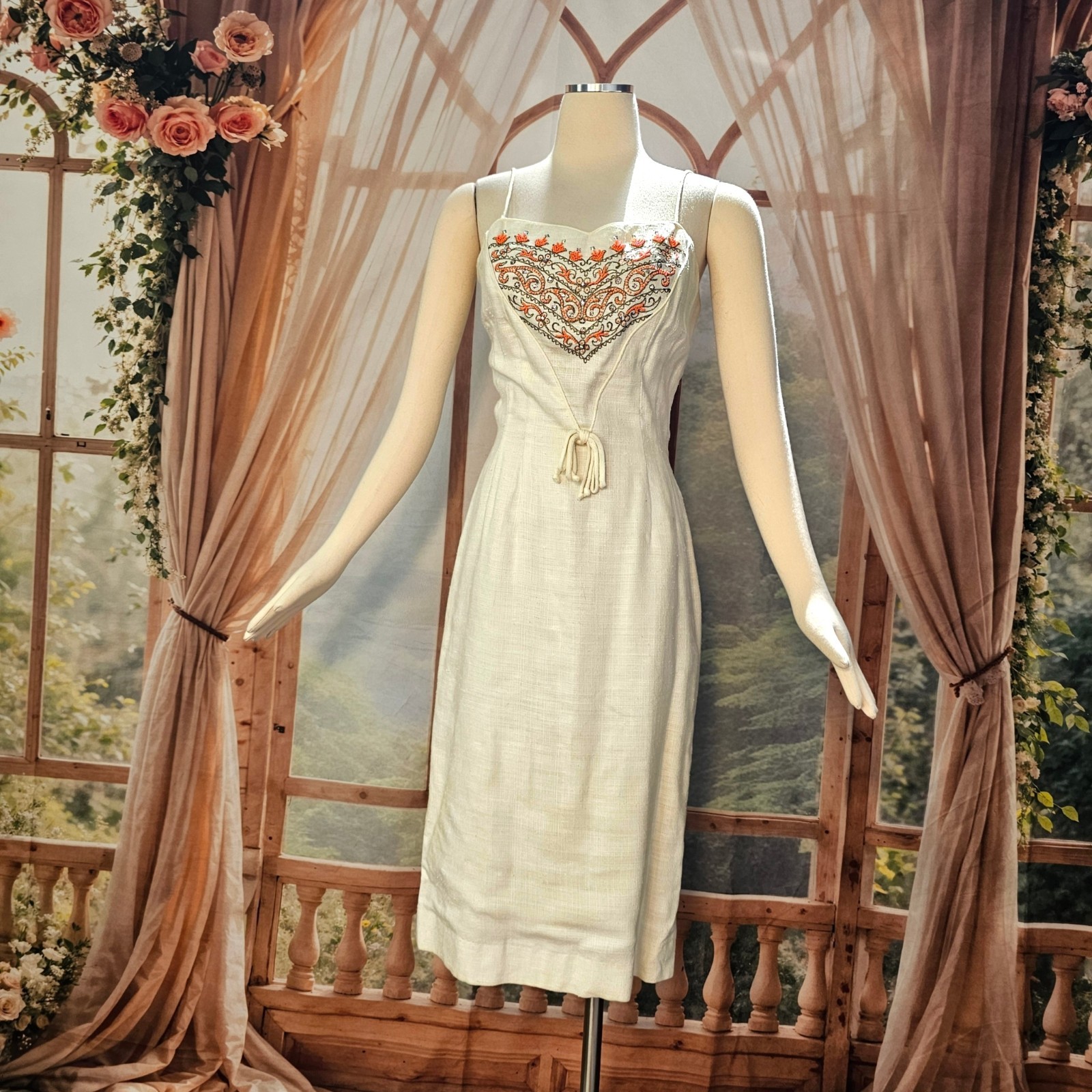 Vintage 1960’s Dress Shift Mod Cream Orange Beads and Rhinestone Embroidered