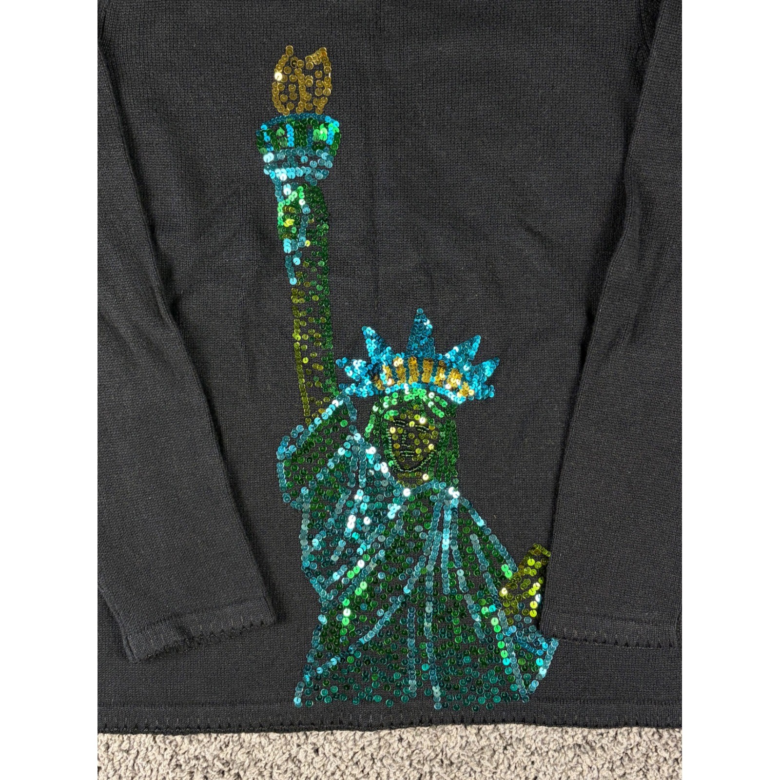 Vintage Quacker Factory Statue of Liberty Sequin Sweater Black Womens Medium