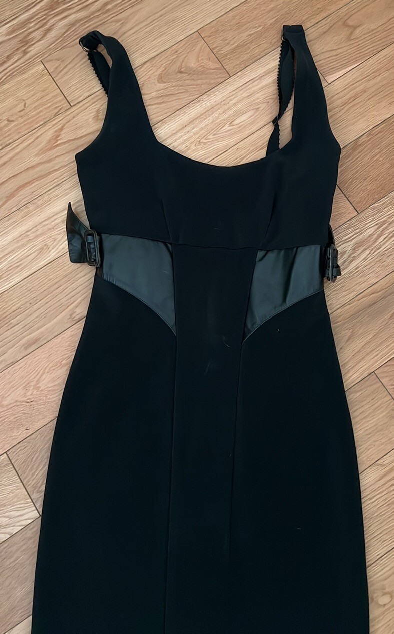 Vintage Brandenburg Maille black midi fitted/ leather accents made in USA sz S