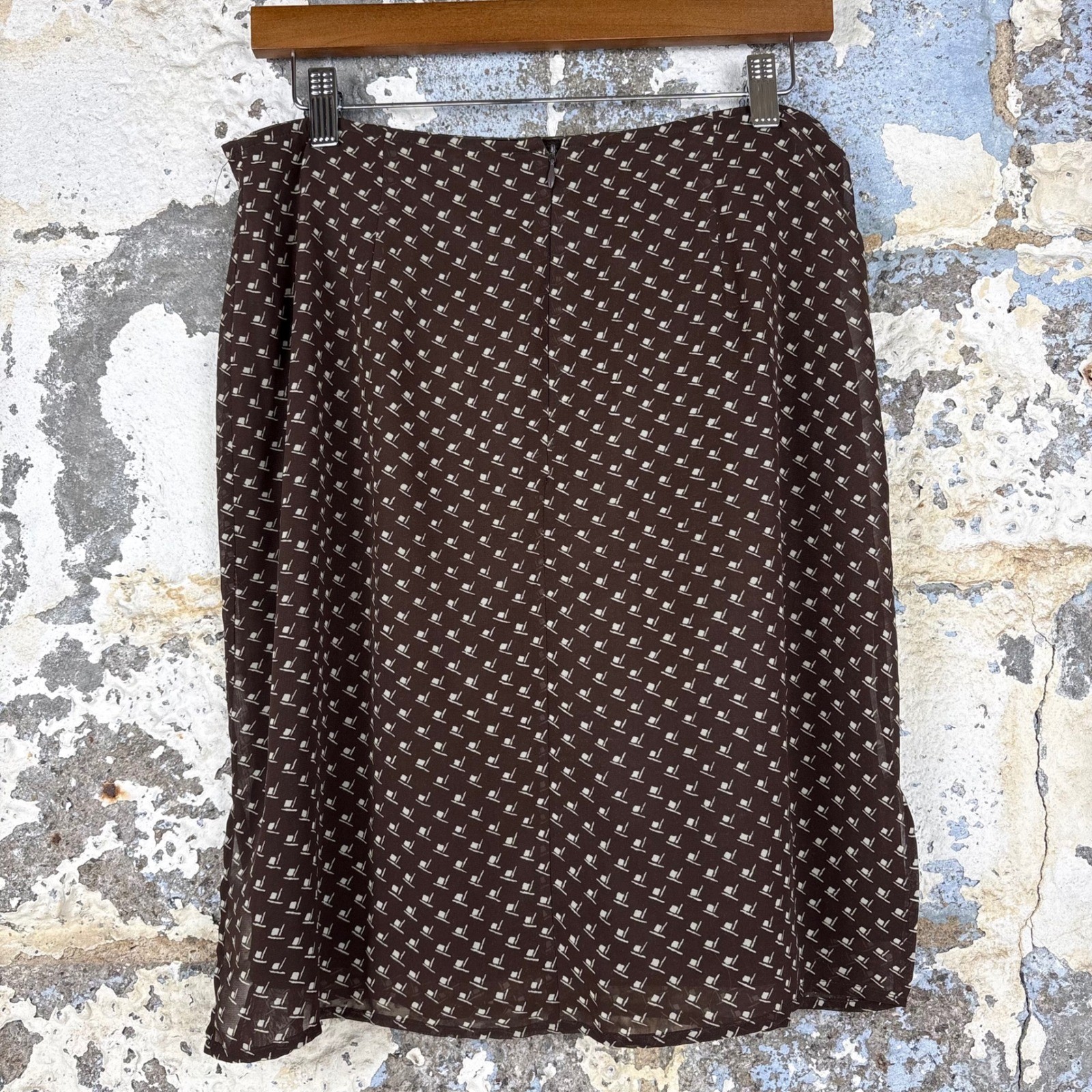 Vintage Express Brown Geometric Print Midi Skirt 90s Chiffon Lined Size 11/12