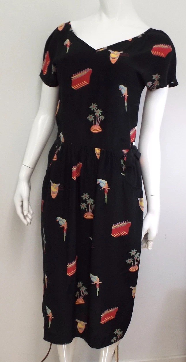 Vintage Cacharel Black Silk Dress Small Bongo Drum Parrot Ship Palm Tree 70s 80s