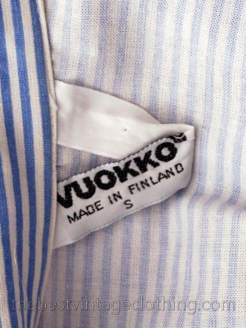 VTG 70s Vuokko Mod Shirt Dress Sky Blue White Stripe Cotton Finland M–L (S)