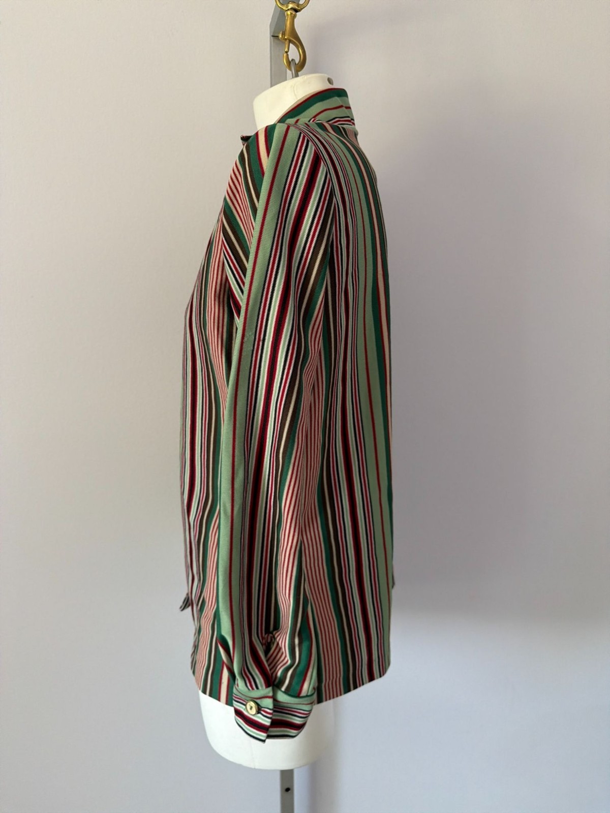 Vintage 70s Retro Green Striped Dagger Collar Secretary Disco Blouse Womens Med