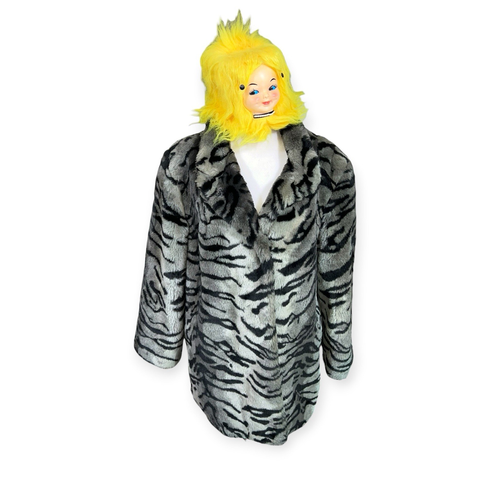 VINTAGE 1980s FAUX TIGER ZEBRA FUR PLUSH COAT NEW WAVE CHIC PUNK RAVE XL VOLUP