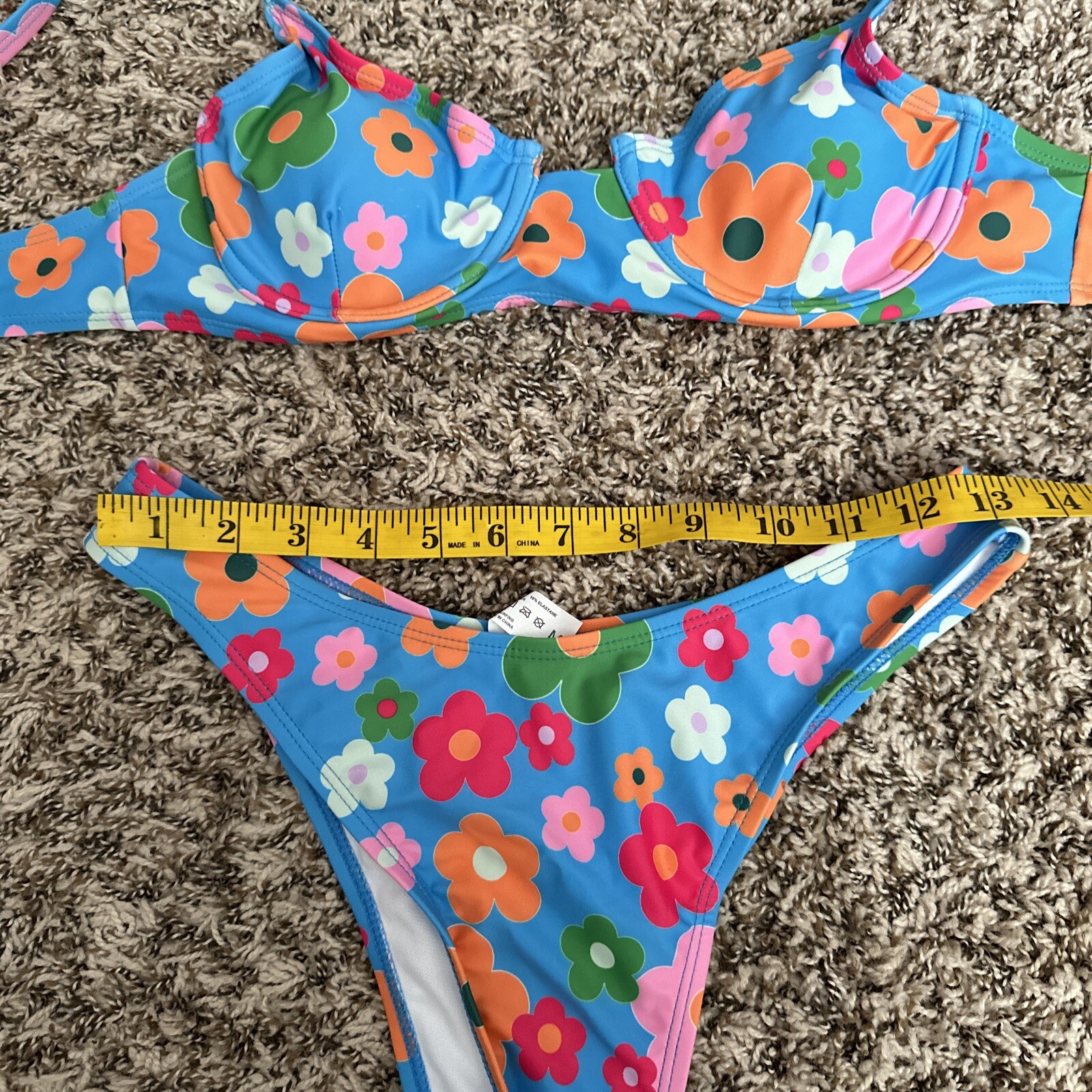 Vintage Style 60’s Women’s Bikini Blue Pink Orange Flowers Hippie High Waist M