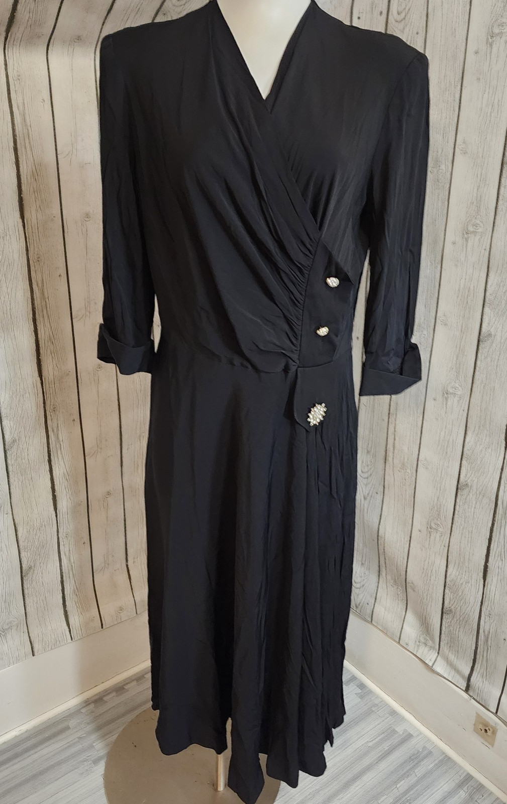 Vintage 1960s Garland Black Surplice Cocktail Dress Rhinestone Buttons 32W