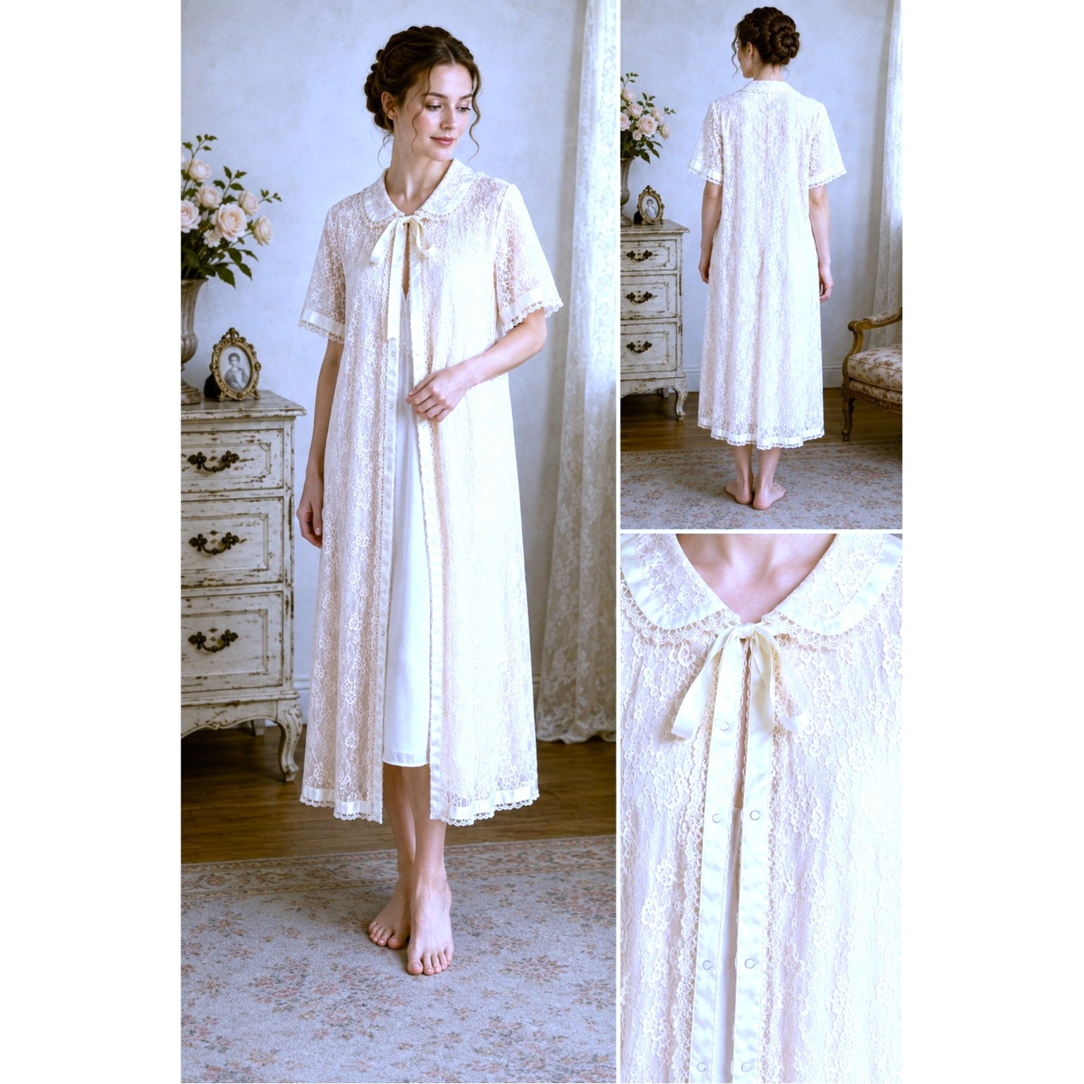 Vintage Town Shop NY Ecru Cream Lace Peignoir Robe Dressing Gown Small Medium