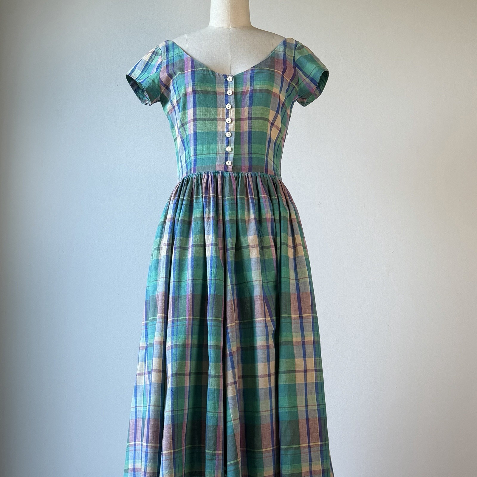 Vintage 80s Ralph Lauren Polo Cap Sleeve Madras Dress Made in USA