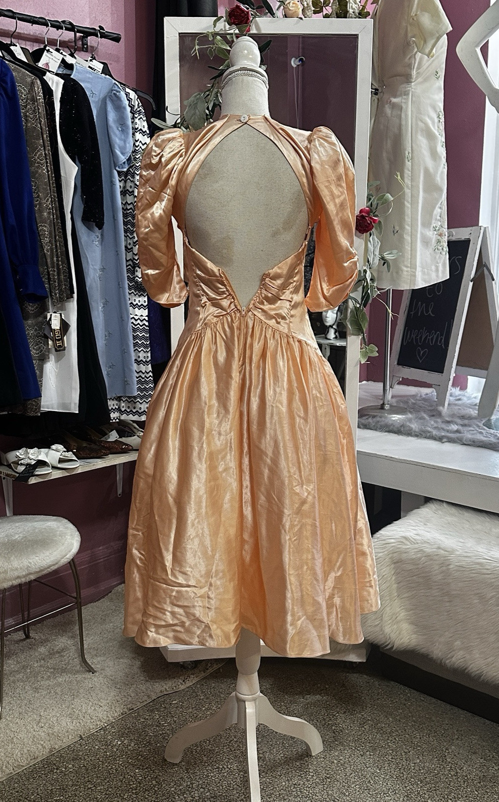 Vintage 80s Does 40s Liquid Satin Prom Party Dress Fit & Flare Peach Pink XS