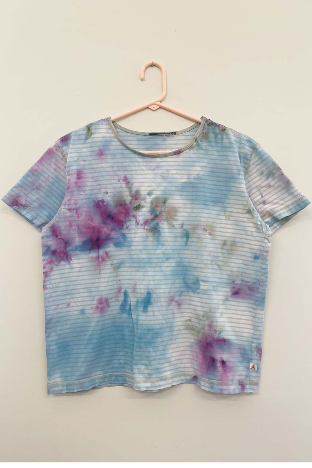 Hand Dyed Cotton Vintage Tee Shirt Multi Color Stripe Blue Purple Yellow Tie Dye