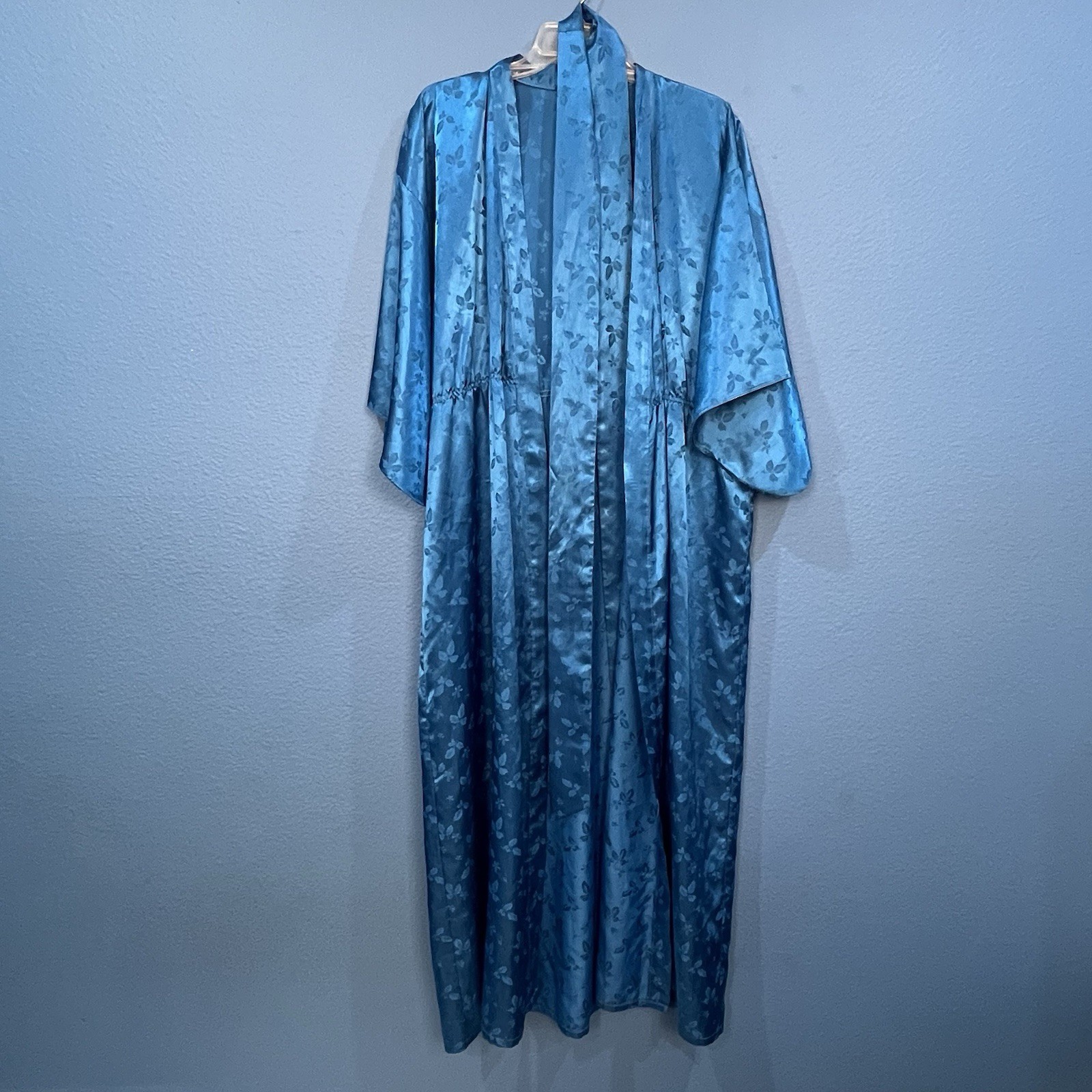 Vintage Blue Satin Kimono Style Unbranded Long Robe Leaf Print Sz Large/X Large