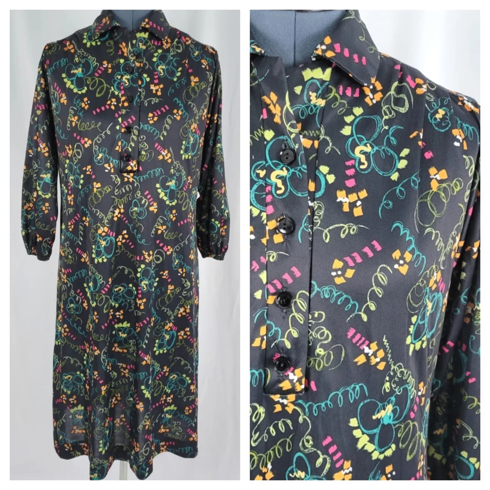 Vtg Black Dress w Pink/Yellow/Lime/Teal/Orange Abstract Design 36″ Bust Size SM?