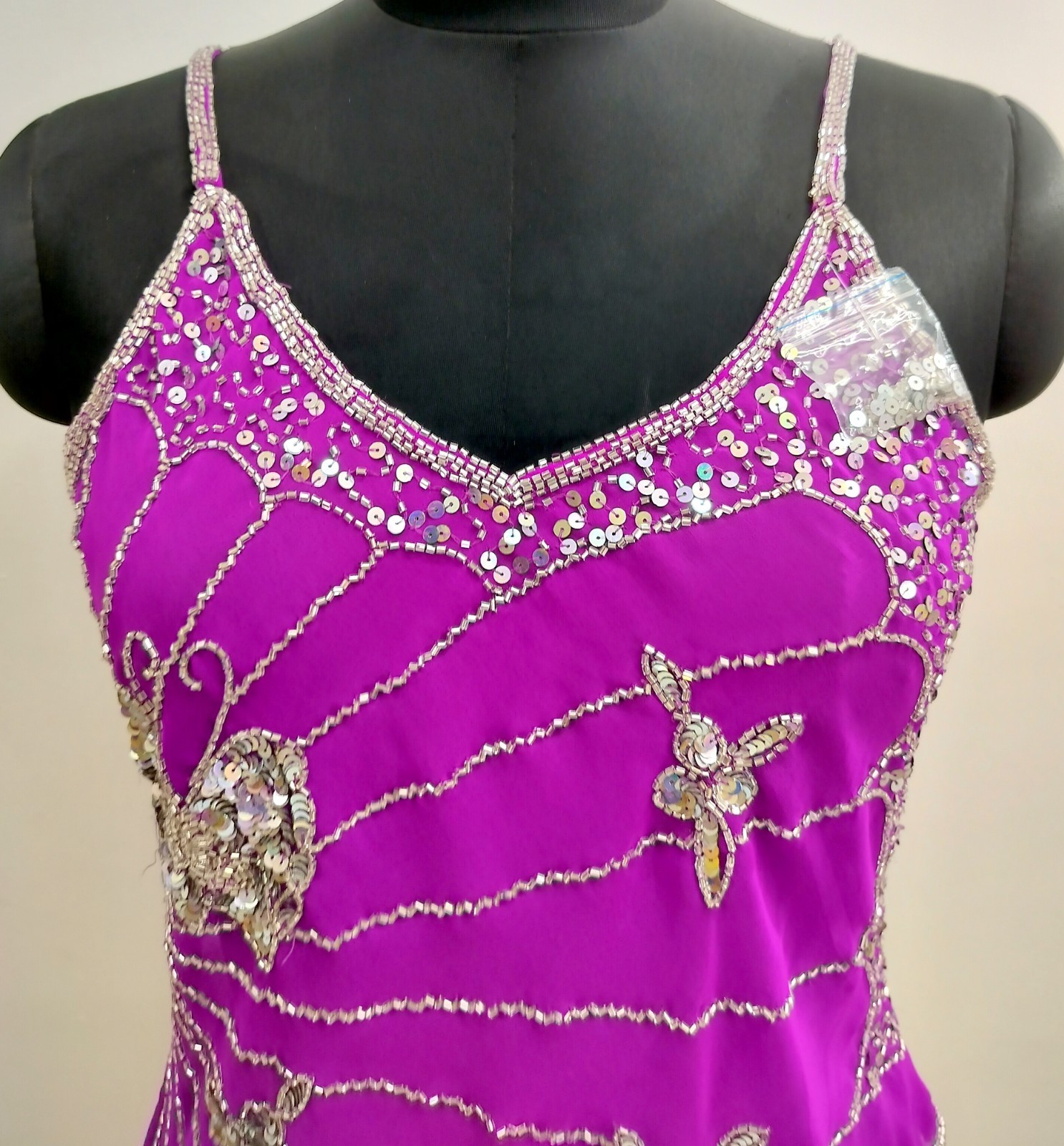 Vintage Y2K Bead Embroidery Costume Sequin Top Blouse Sheer Purple Silver Tunic