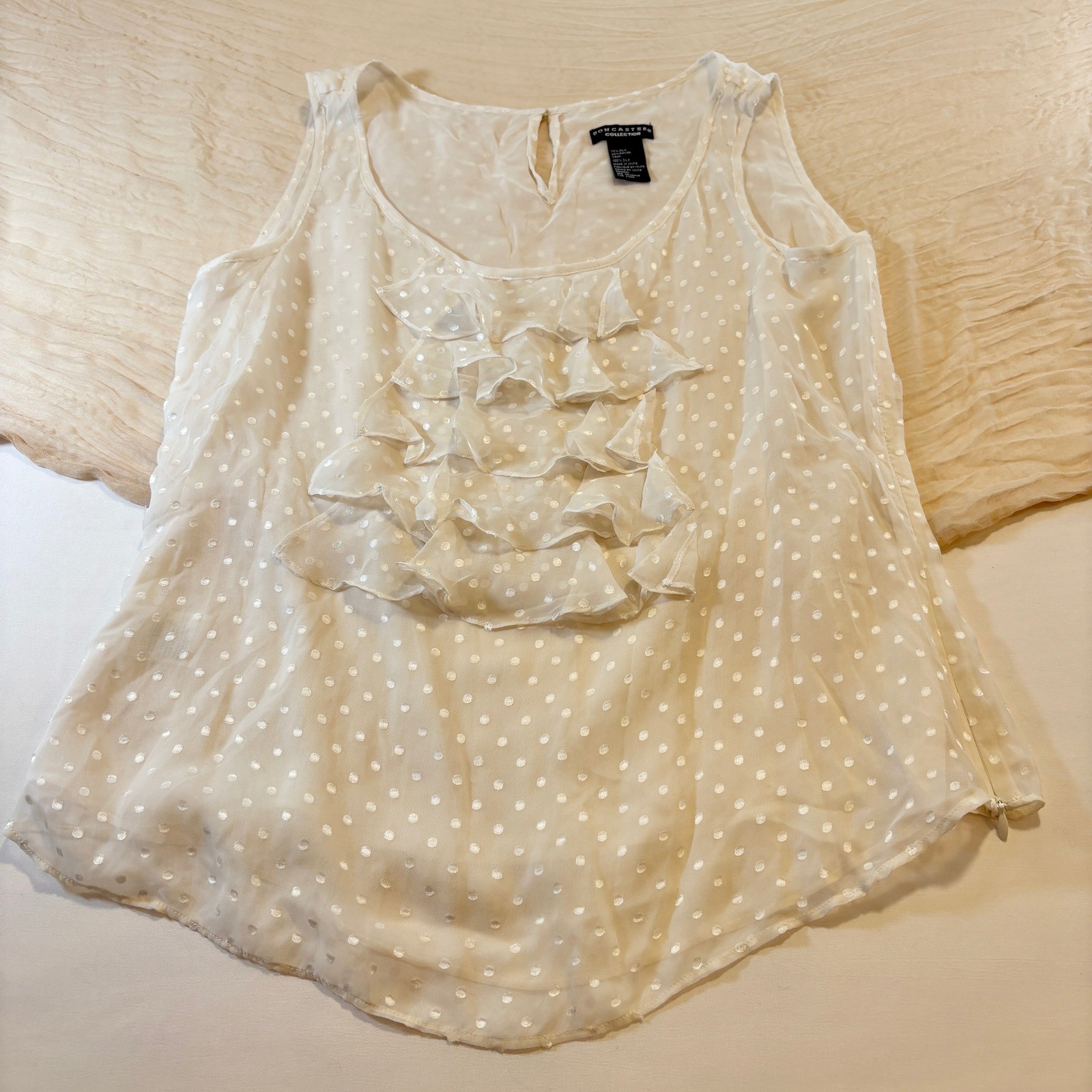 Don Caster Womens Sleeveless Cream Polka Dot Silk Blouse Size M