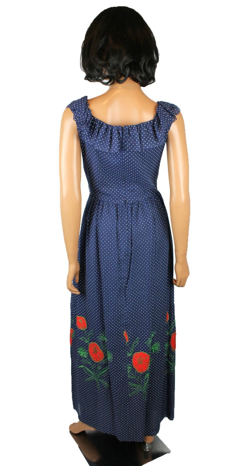 Prairie Girl Dress XS Vintage 70s Blue White Polka Dot Gauzy Cotton Embroidered