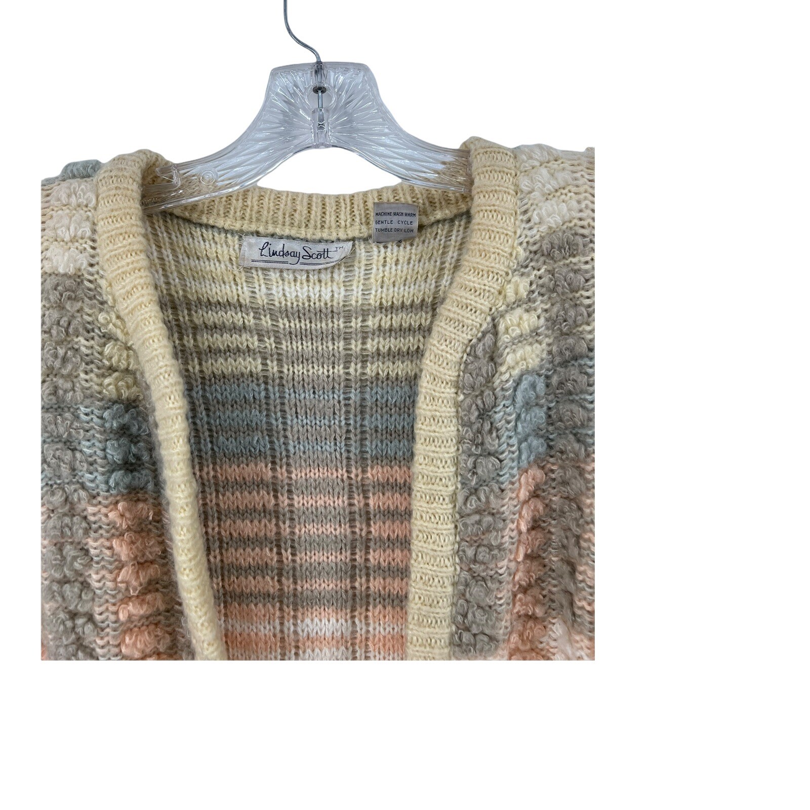 Vtg 80s Muted Pastel Chunky Popcorn Knit Oversized Cardigan Sweater SZ S