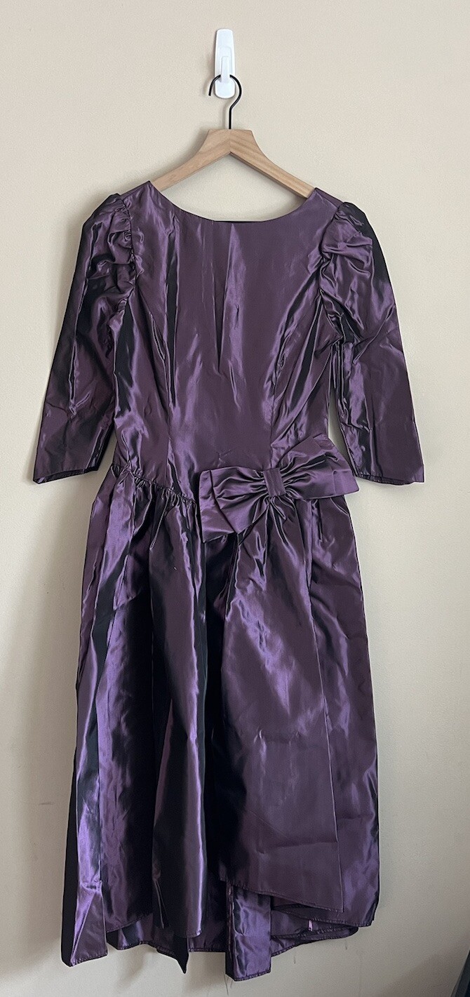 Vintage 80s 90s Prom Dress Shimmer Bow Puff Sleeve Hi Lo Womens Size Small 4 6